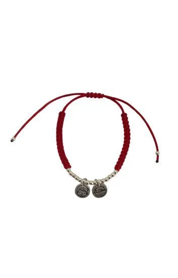 Pulsera de Cordon Rojo y Bolitas con Dijes de Nena y Nene en Plata