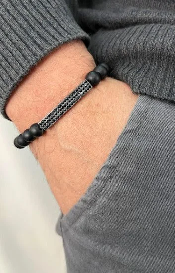 Pulsera Piedras Naturales Onix 8mm con Chapa con Strass
