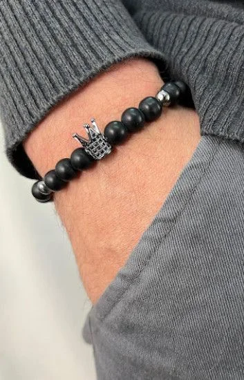 Pulsera Piedras Naturales Onix 8mm con Bolitas Ematite y Dije Corona