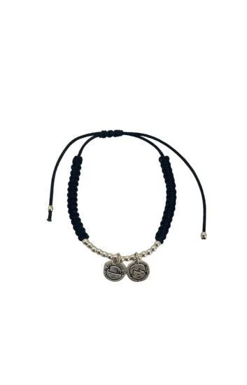 Pulsera de Cordon Negro y Bolitas con Dijes de Nena y Nene en Plata