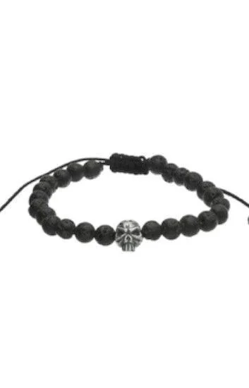 Pulsera Piedras Naturales Volcanica 6mm y Dije Calavera Ba ado en plat