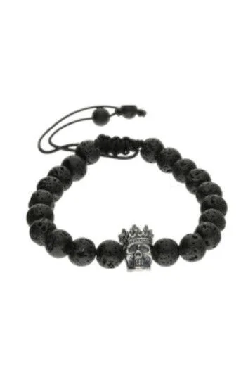 Pulsera Piedras Naturales Volcanica 8mm y Dije Calavera Corona Ba ado