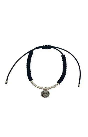 Pulsera de Cordon Negro y Bolitas con Dije de Nene en Plata