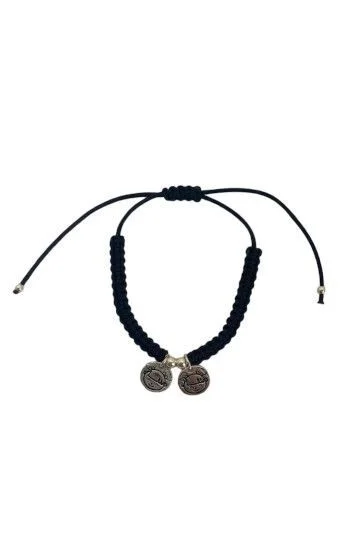 Pulsera de Cordon Negro con Dijes de Nena y Nene en Plata