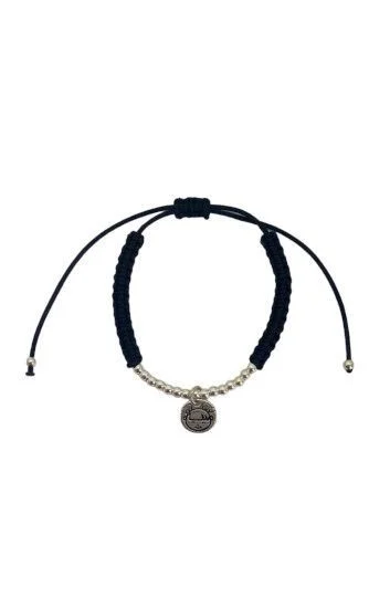 Pulsera de Cordon Negro y Bolitas con Dije de Nena en Plata