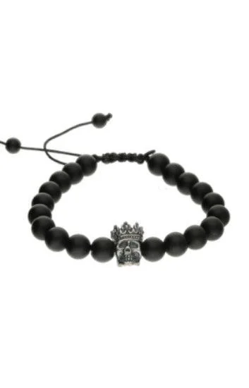 Pulsera Piedras Naturales Onix Opaca 8mm y Dije Calavera Corona Ba ado