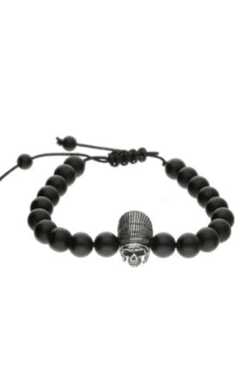 Pulsera Piedras Naturales Onix Opaco 8mm con Dije Calavera Indio
