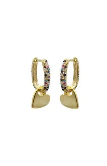 Aros Huggies con Dije Colgante de Corazon Dorado Piedras Multicolor